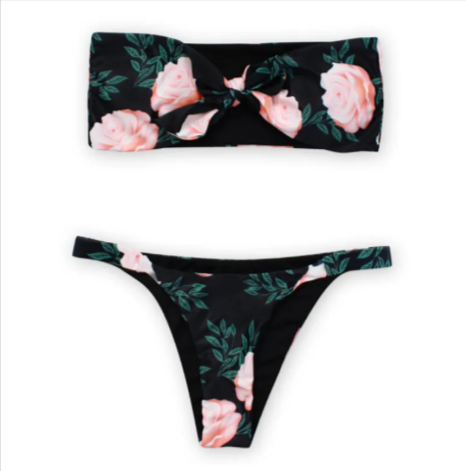 Black Rose Floral Bandeau Bikini Set