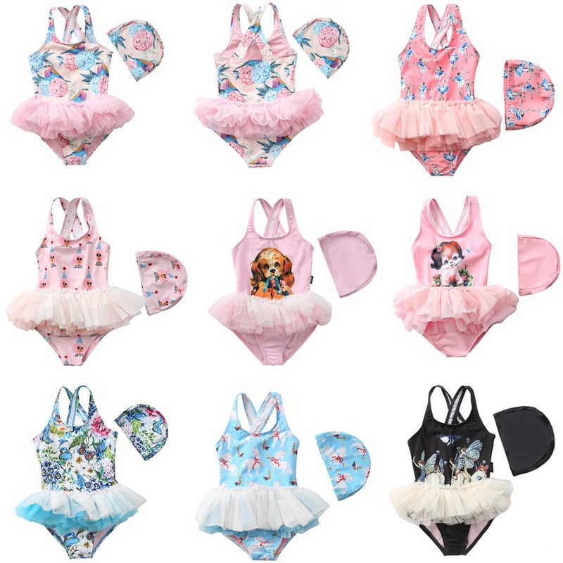 Girls Fairy Tutu One-Piece Swimsuit with Cap
