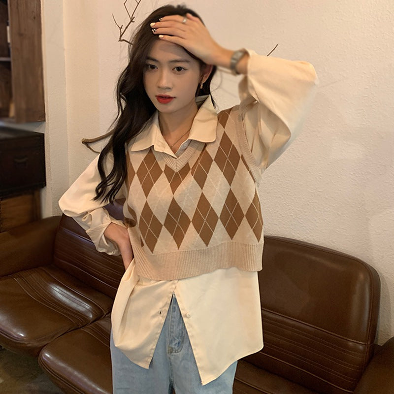 Vintage Plaid V Neck Sweater Tank Top for Women