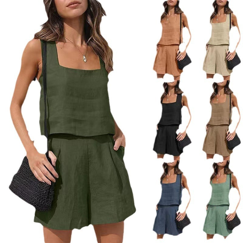 Women's Casual Cotton-Linen Two-Piece Set with Shorts