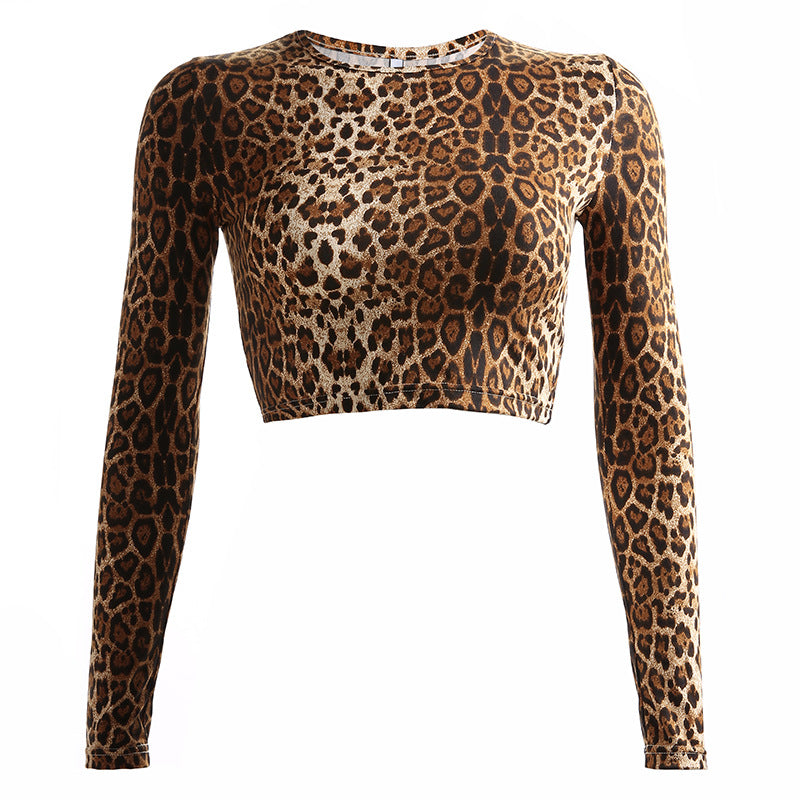 Leopard Print Long Sleeve Crop Top T-Shirt