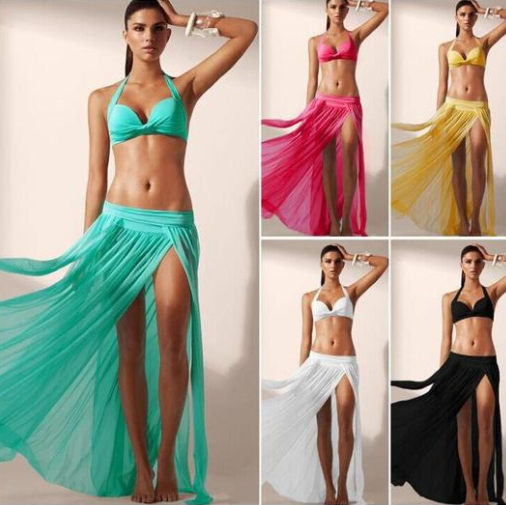 Women's Bikini and Sheer Mesh Maxi Cover-Up Skirt Set