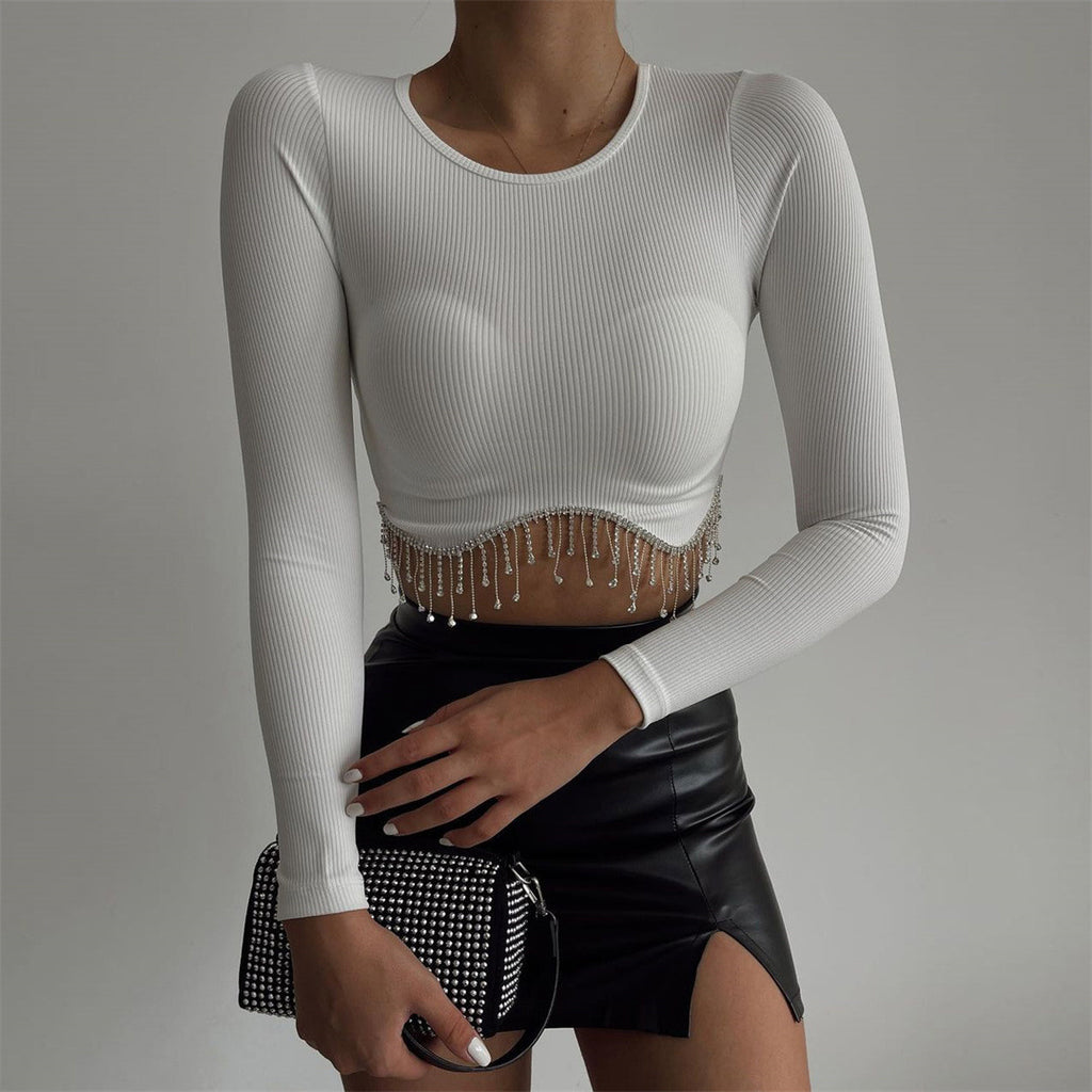 Fashionable Long Sleeve Rhinestone Crop Top for Women