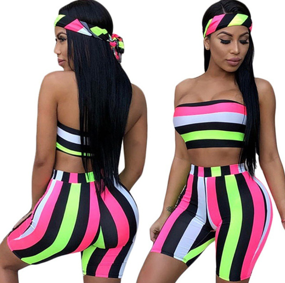 Colorful Striped Crop Top and Shorts Set (3 Pieces)