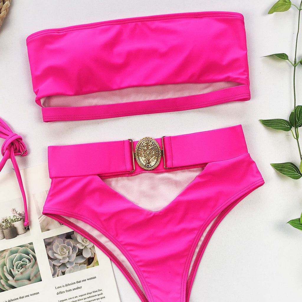 Metal Buckle Strapless Bandeau Bikini Set