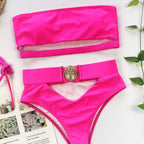 Metal Buckle Strapless Bandeau Bikini Set