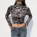 Dragon Print Long Sleeve Crop Top with High Neck