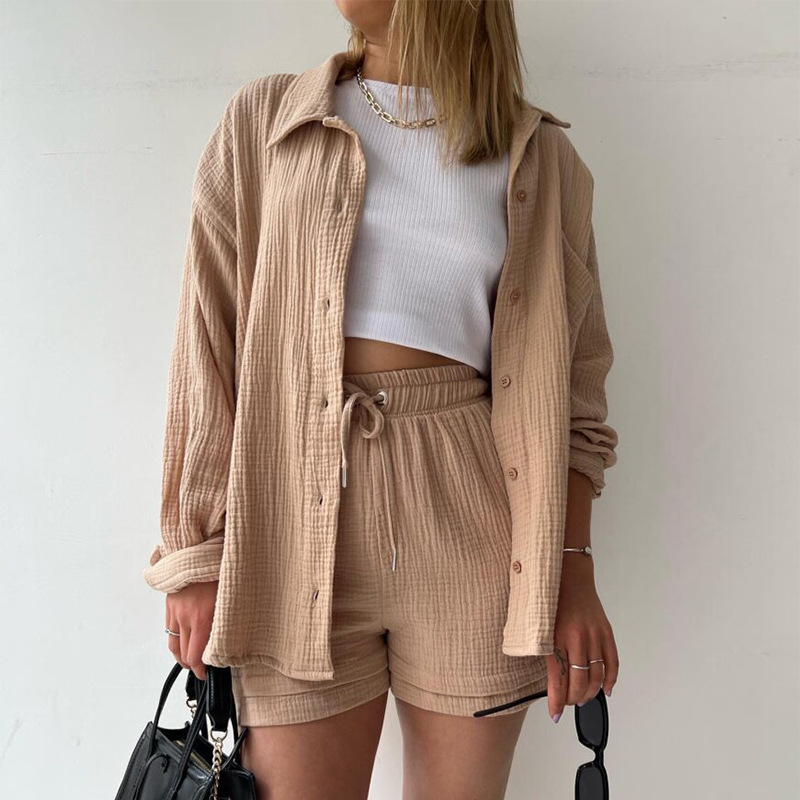 Women's Long Sleeve Shirt & Shorts Casual Two-Piece Set