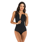Women's Black Zip-Front Athletic One-Piece Swimsuit