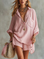 Women's Cotton-Linen Beach Shirt and Shorts Set