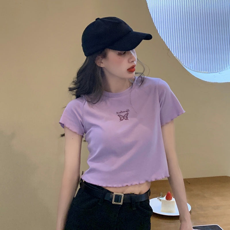 Embroidered Butterfly Short Sleeve Crop Top for Women
