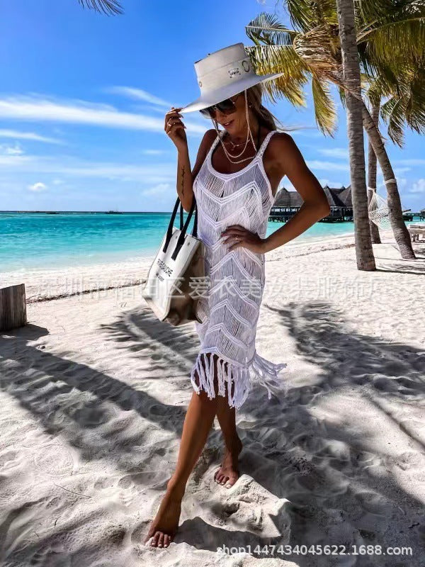 White Crochet Fringe Beach Cover-Up Dress