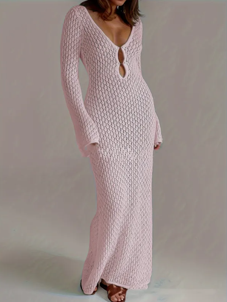 Knit Open-Weave Long-Sleeve Maxi Cover-Up Dress