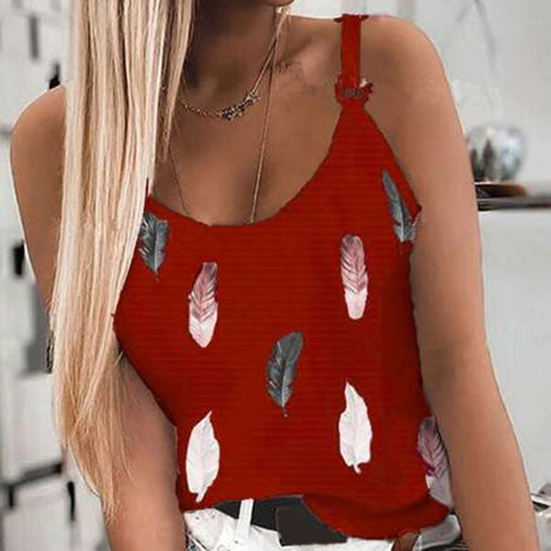 Women's Summer Feather Print Spaghetti Strap Tank Top