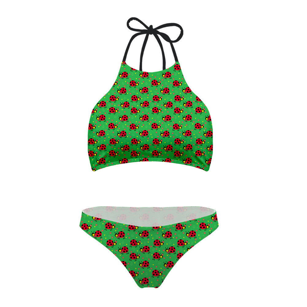 Ladybug Print High-Neck Bikini Set