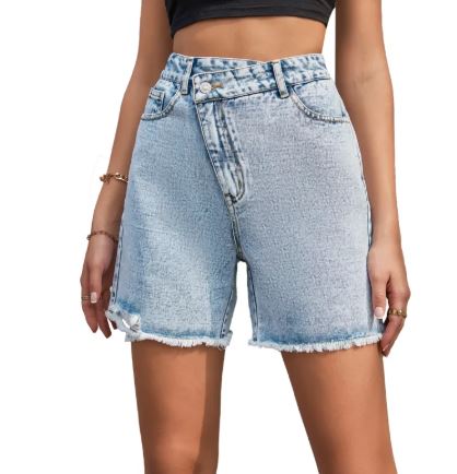 High Waist Loose Fit Raw Edge Denim Shorts for Women