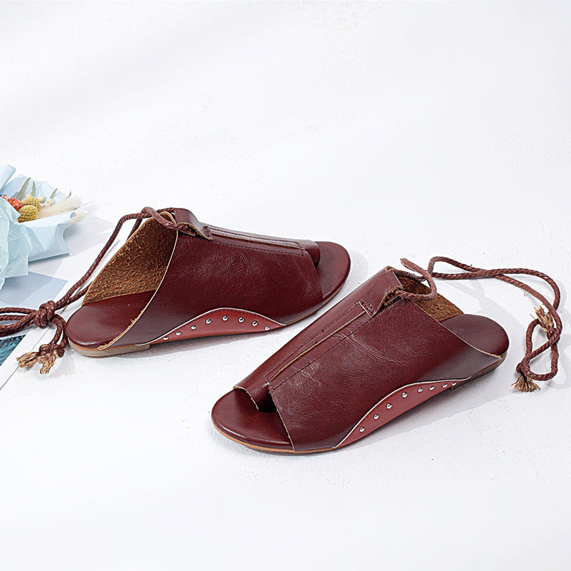 Flat Large Size Sandals with Ankle Tie and Thong Design