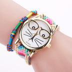 Knitted Yarn Bracelet Watch with Cute Cat Face Design