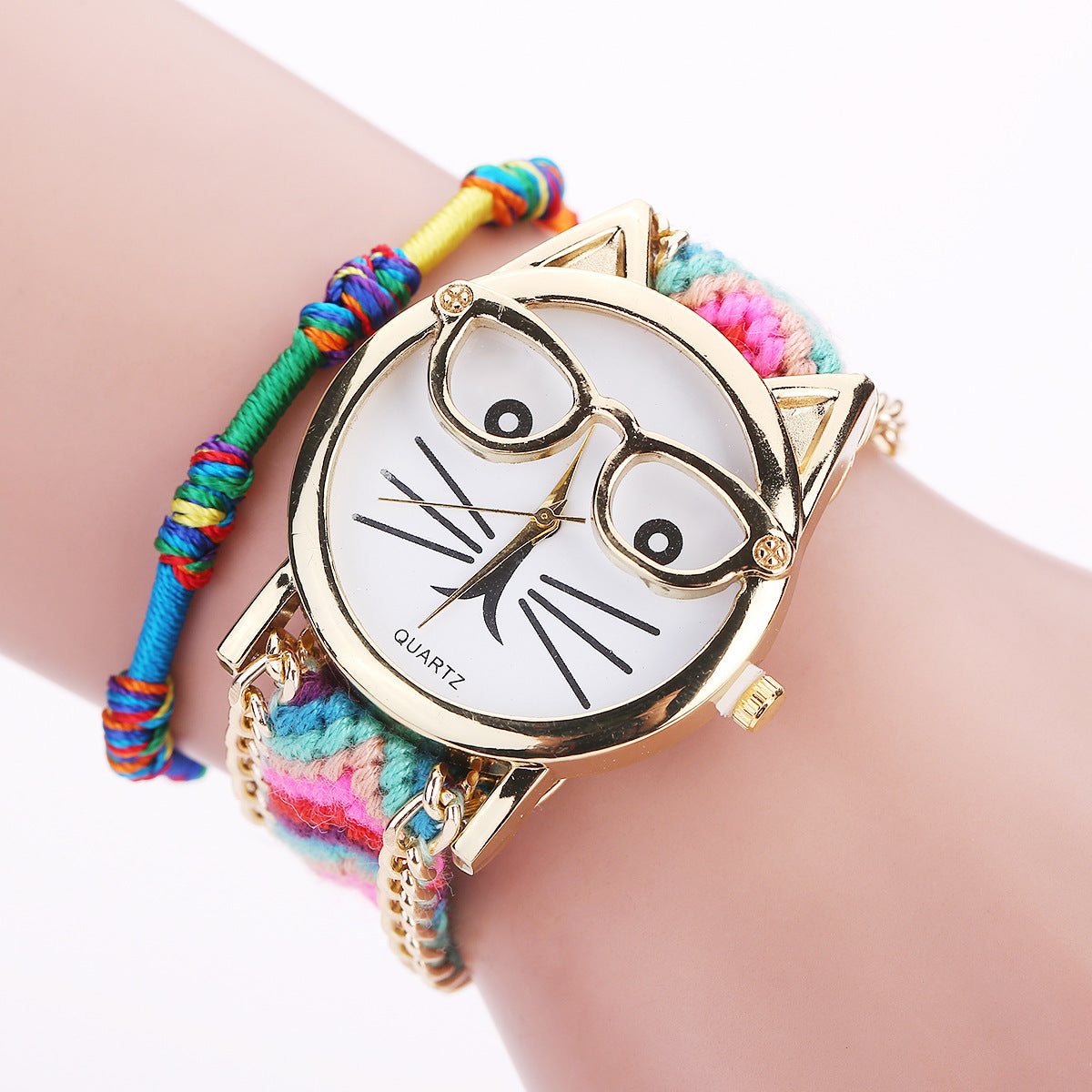 Knitted Yarn Bracelet Watch with Cute Cat Face Design