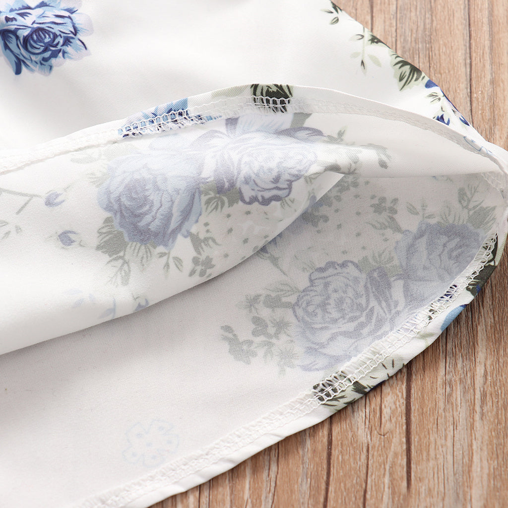 2019 Girls' White Printed Top with Denim Shorts Set