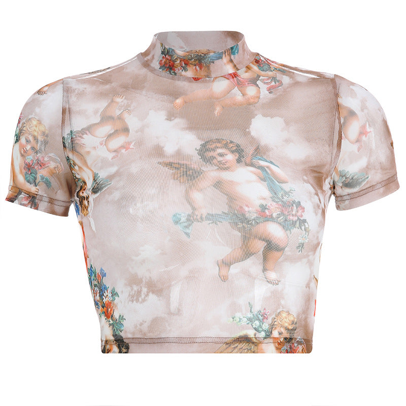 Angel Print Sheer Short Sleeve Crop Top