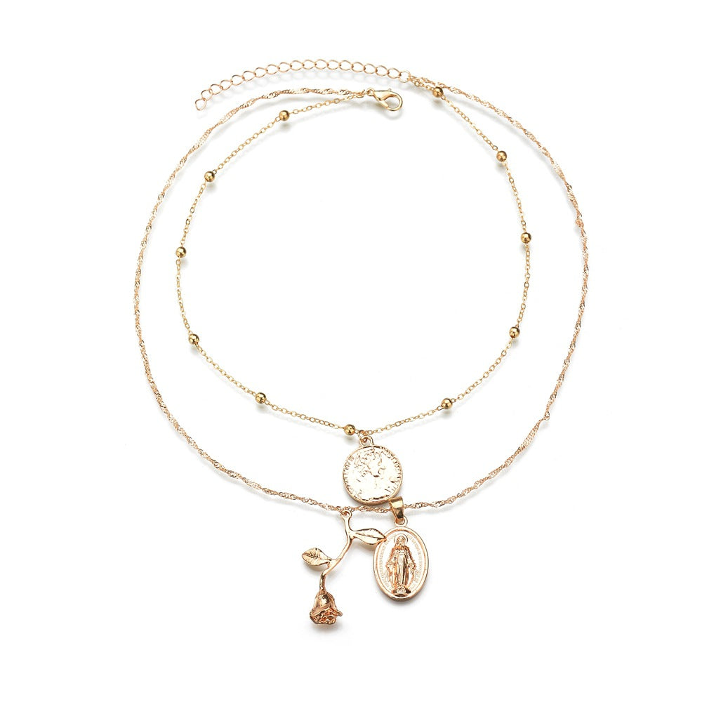 Vintage Geometric Rose Jesus Pendant Necklace for Women