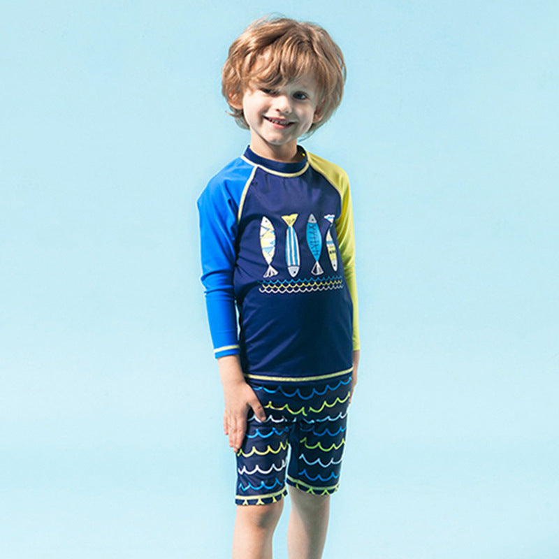 Boys Long-Sleeve UV Rash Guard Swim Set with Cap
