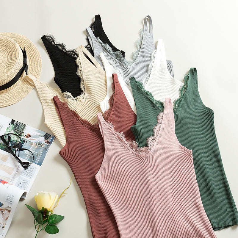 Knit Base Shirt, Lace V-Neck Camisole Top
