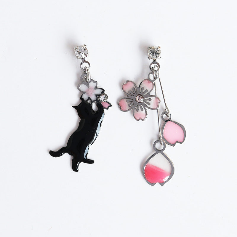 Japanese Cat Cherry Blossom Enamel Clip-On Earrings