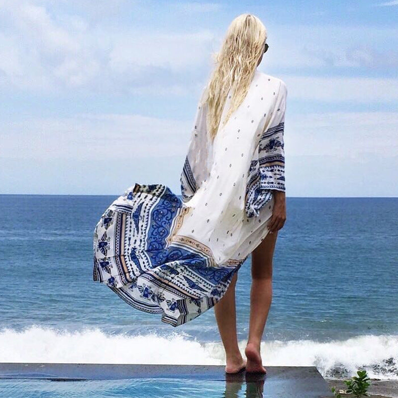 Plus Size Chiffon Print Beach Cover-Up Cardigan for Women