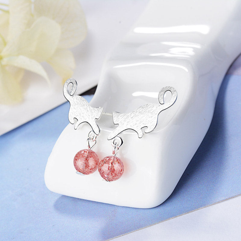 Silver Cat Tassel Stud Earrings with AAA Zircon