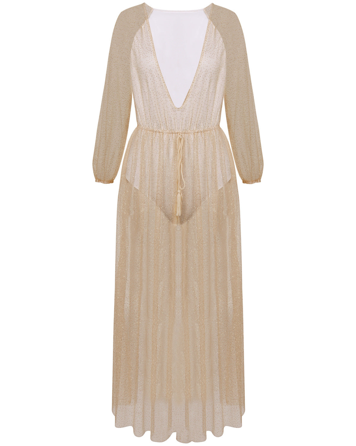 Sheer Sequin Long-Sleeve Beach Cover-Up