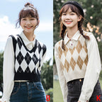 Vintage Plaid V Neck Sweater Tank Top for Women