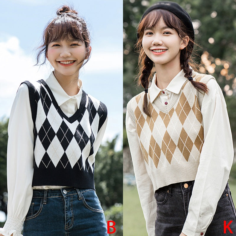 Vintage Plaid V Neck Sweater Tank Top for Women