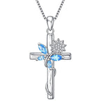 Blue Crystal Butterfly Sunflower Cross Pendant Necklace