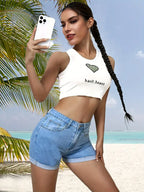 High Waist Denim Shorts for Women - Slim Fit & Rolled Hem