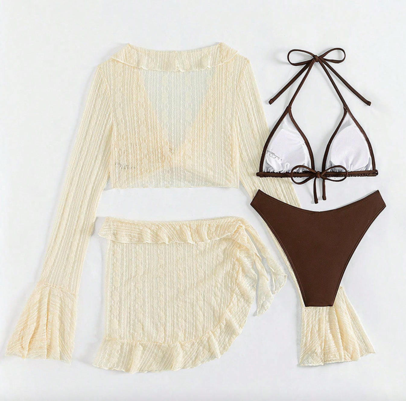 Brown Halter Bikini with Lace Cover-Up and Skirt Set