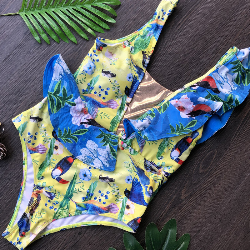 Tropical Bird Print Ruffle One-Piece Swimsuit