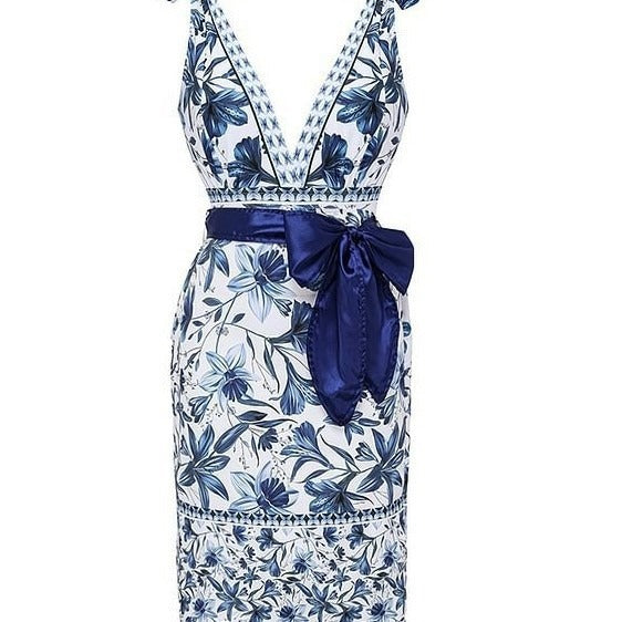Blue Floral Print Swim Skirt and Bikini Set