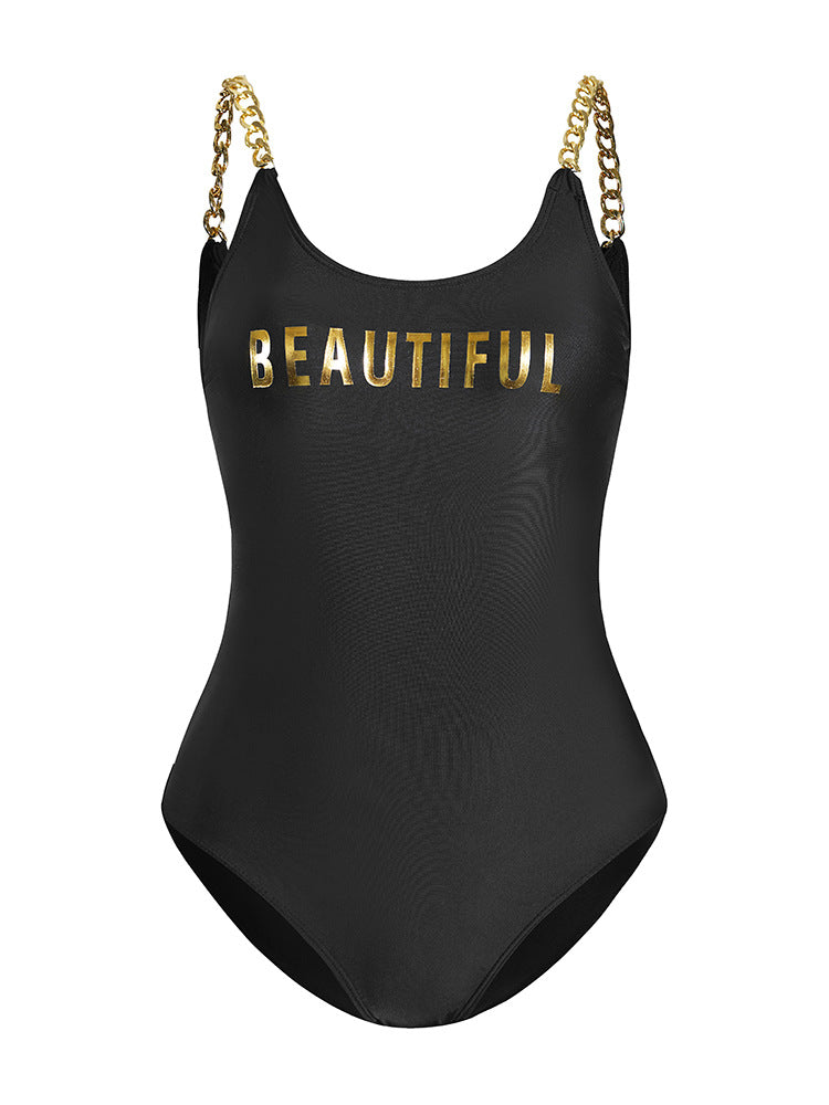 Women's QUEENIN Slogan High-Cut One-Piece Swimsuit