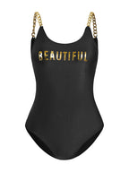 Women's QUEENIN Slogan High-Cut One-Piece Swimsuit