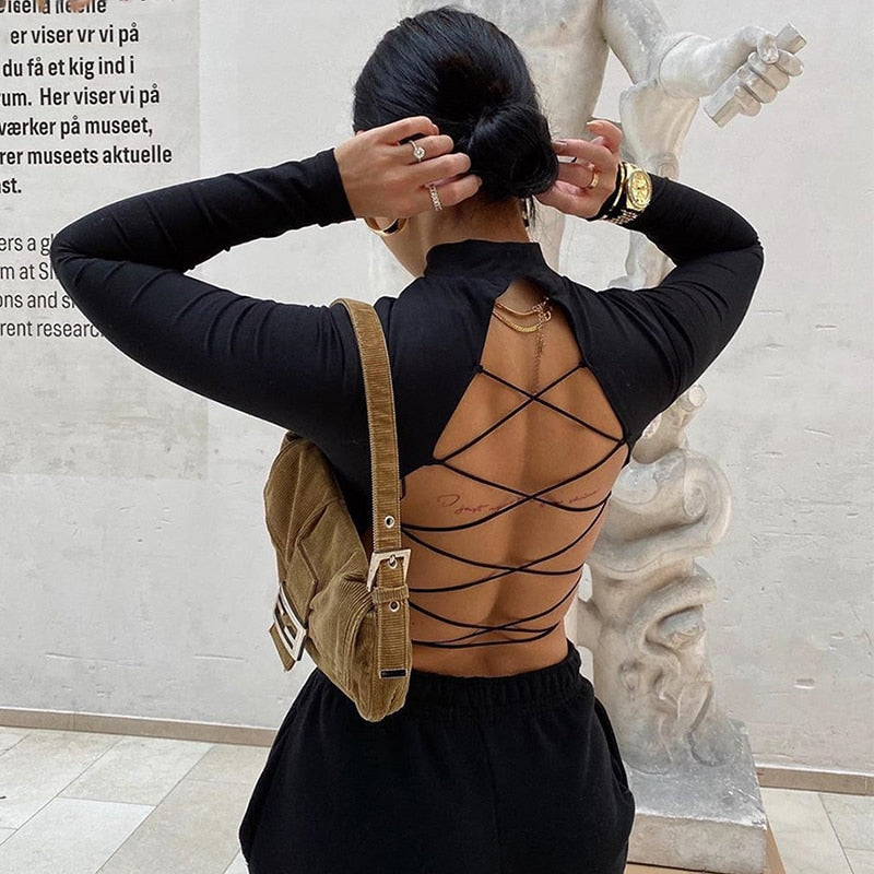 Cross-Back Long Sleeve Crop Top with High Waist