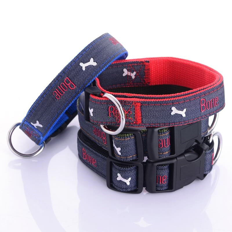 Embroidered Leather Dog Collar with Bone Necklace