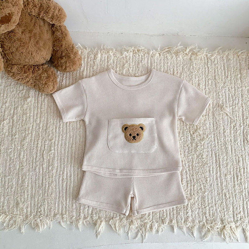 Baby Girls Waffle Bear Tee and Shorts Clothing Set