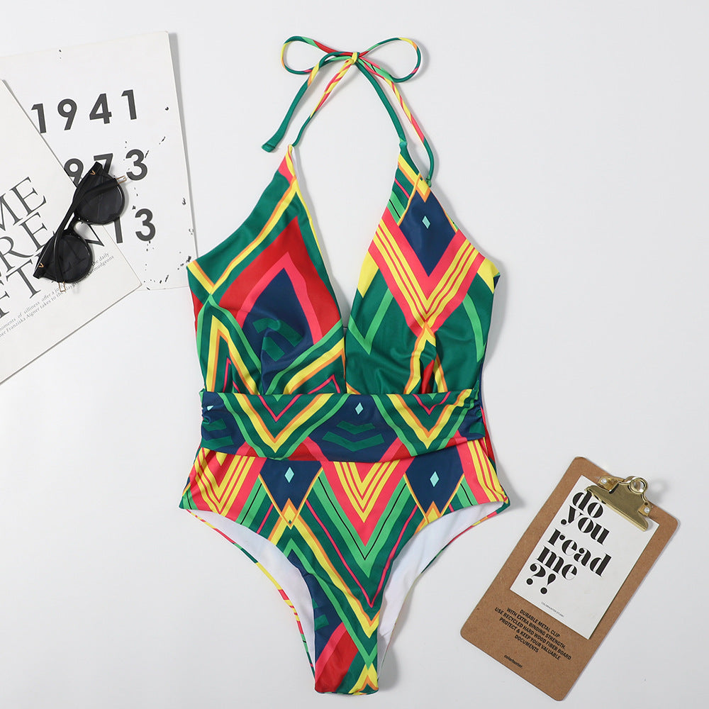 Deep V Halter Backless Geometric Print One-Piece Swimsuit