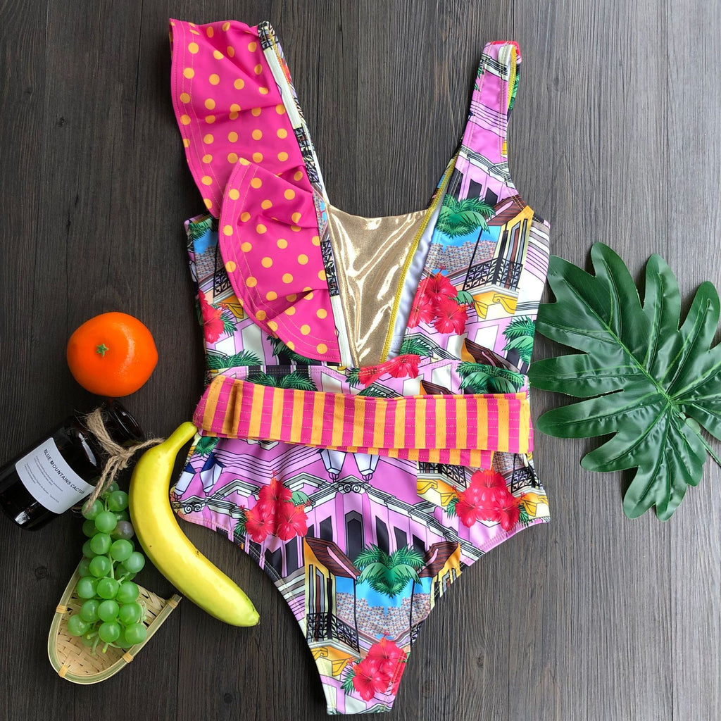 Tropical Bird Print Ruffle One-Piece Swimsuit