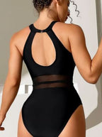 High-Neck Mesh Panel One-Piece Swimsuit