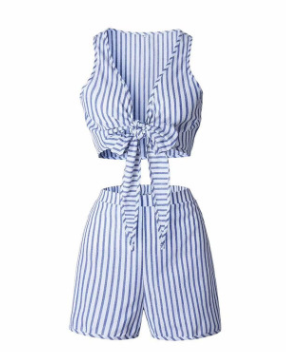Deep V Striped Tie-Front Top and Shorts Set