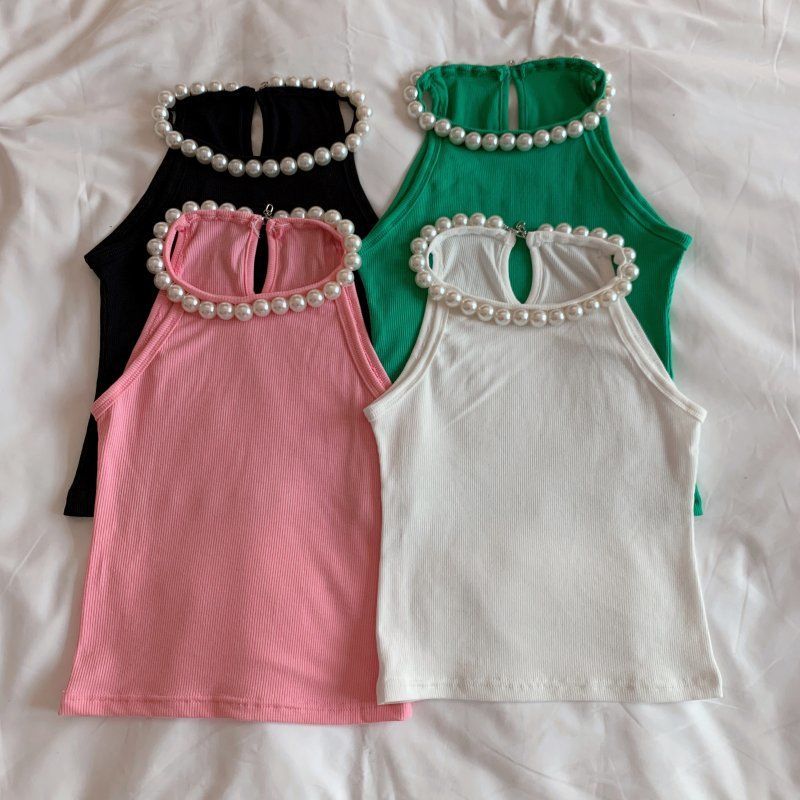 French Off Shoulder Slim Solid Tank Top for Women