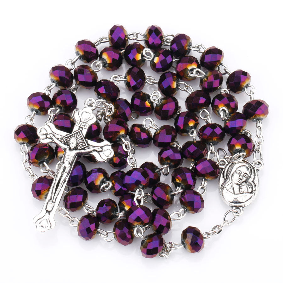 Catholic Beaded Necklace with Purple Glass Crucifix